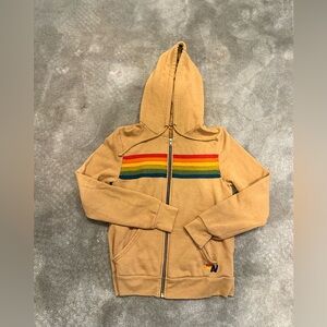 Aviator Nation Tan Hoodie with Rainbow Stripes Perfect Condition Small